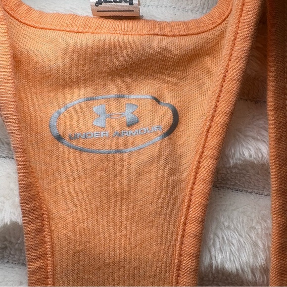 4/25$ Under Armour Relaxed Racerback Tank Top Orange With Blue Logo Small - Picture 6 of 8